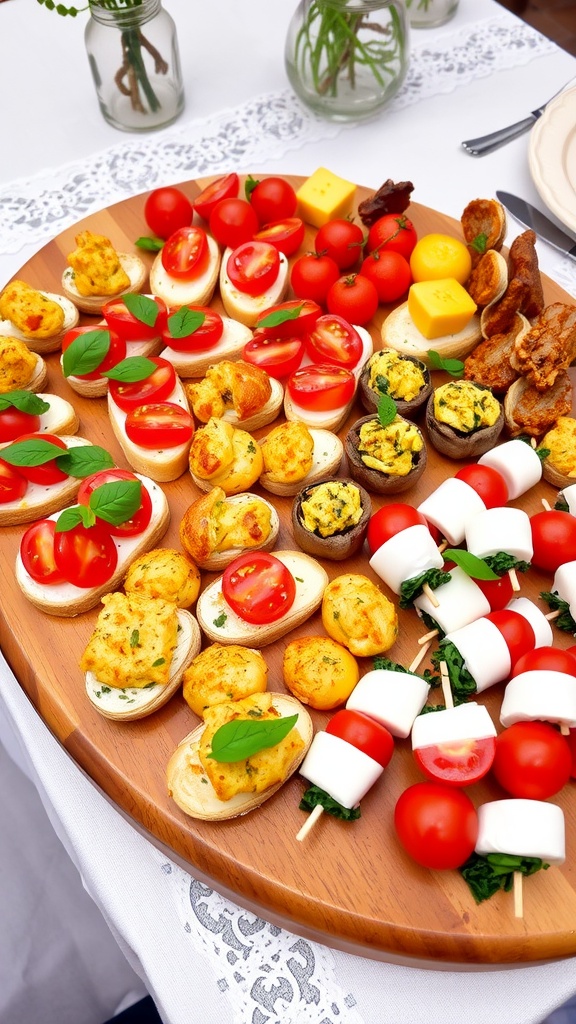 A beautiful display of diverse appetizers including bruschetta, stuffed mushrooms, and Caprese skewers on a wooden board.